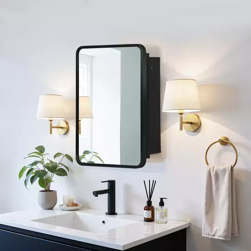 MAYEERTY 28 x 20in Modern Rectangular Bathroom Medicine Cabinets, Metal Framed Wall Mirror with Storage, Black
