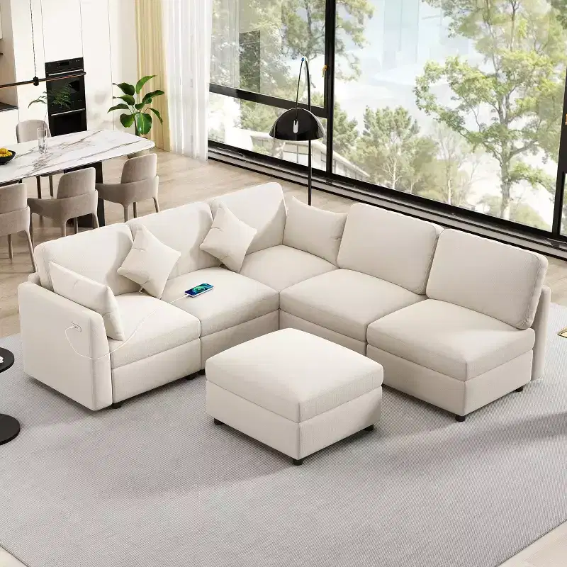 85.4 Modular Sectional Sofa Bed with Ottoman, USB Ports  Convertible L/U-Shaped Chenille Sofa for Living Room