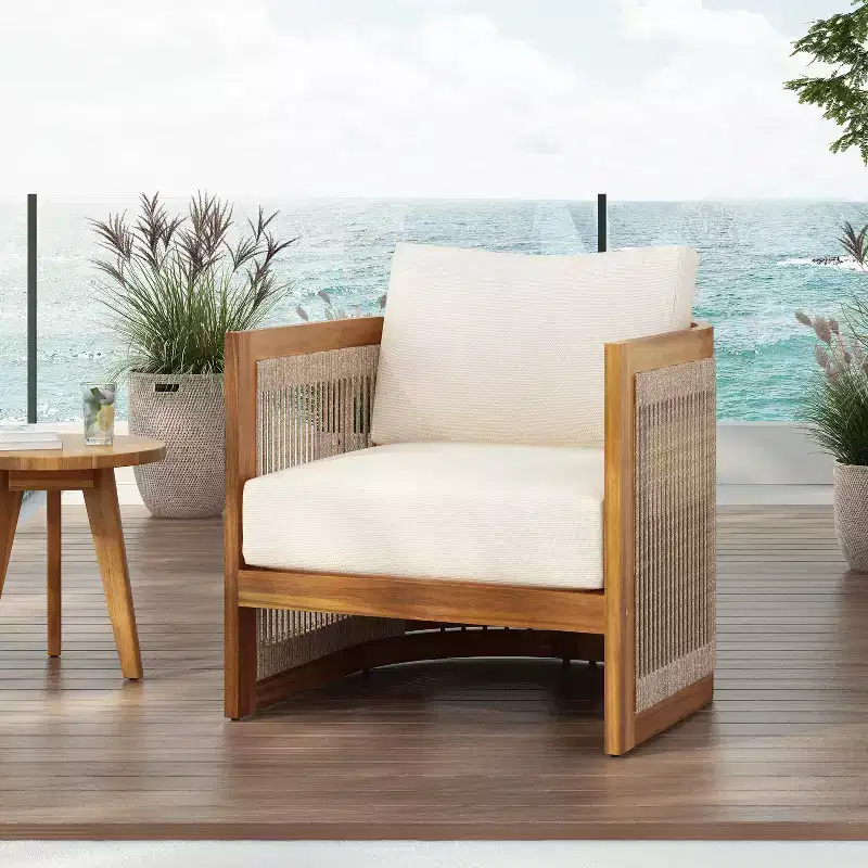 Christopher Knight Home Atoka Outdoor Rustic Acacia Wood and Rope Club Chair with Water-Resistant Cushion