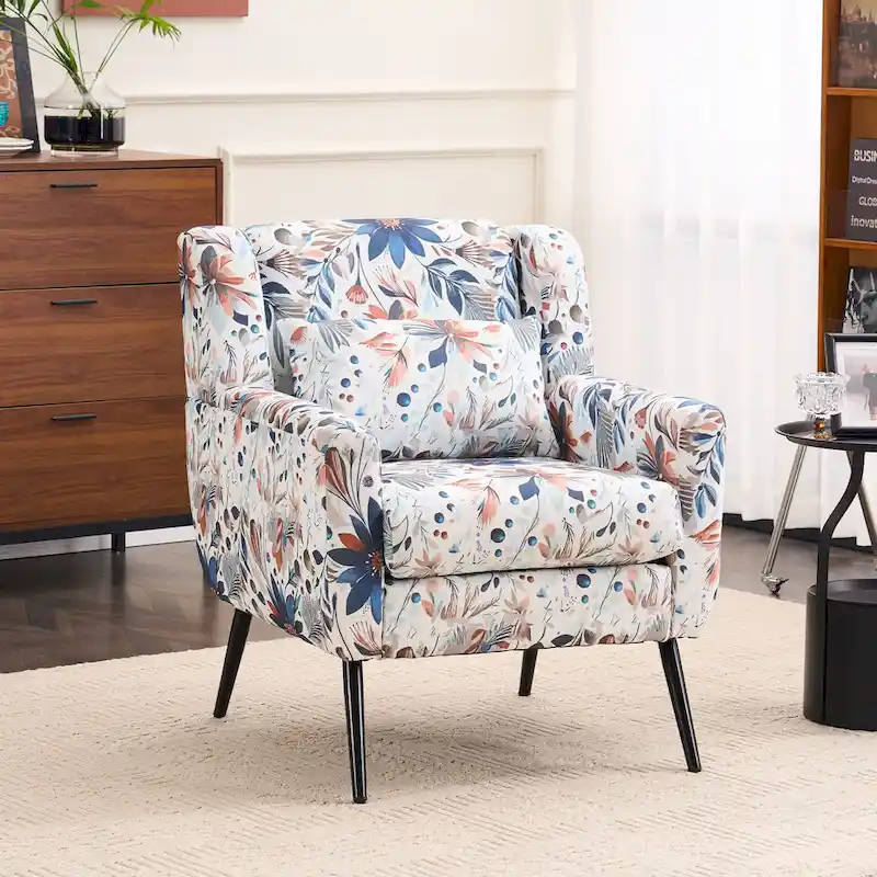 Floral Print Accent Chair, Upholstered Reading Arm Chair For Living Room Bedroom With Adjustable Sturdy Metal Legs