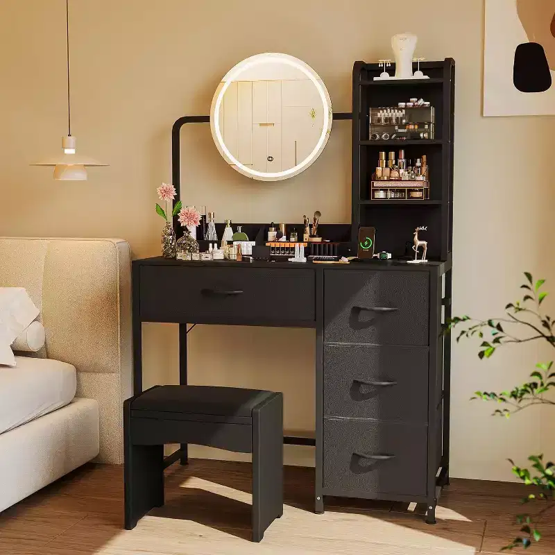 Vanity Desk with Mirror and Lights, Black Vanity Table with Charging Station and Stool, Large Makeup Desk with 4 Drawers, Dressing Table