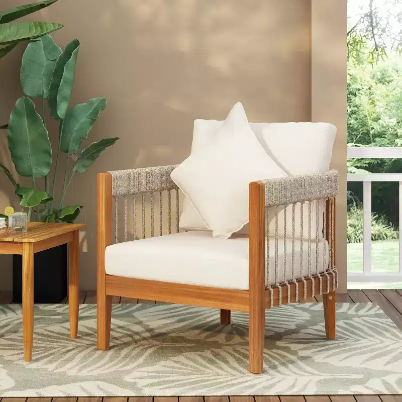 TUYOHW Patio Accent Chairs with Handwoven Rope Frame,1-Piece,Upholstered Outdoor Armchair Acacia Club Chair for Backyard&Garden,400lbs Capacity
