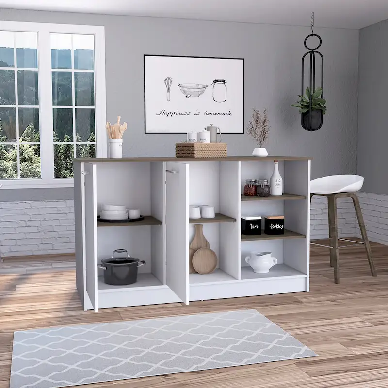 Ginger 59-inch Wide Kitchen Island with 3 Open Shelves and 2 Cabinets