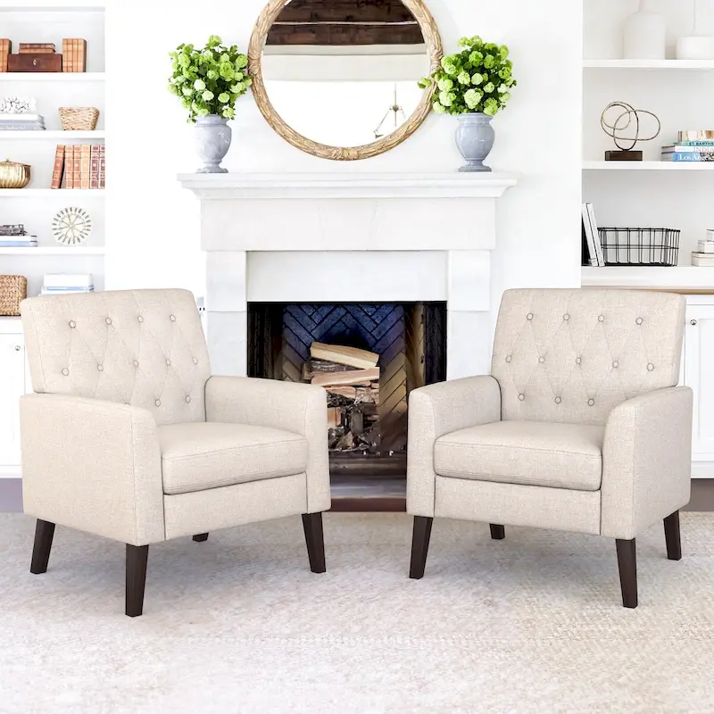 LUE BONA Mid-Century Modern Upholstered Linen Fabric Button Tufted Accent Chair Set of 2 - 28.5 W X 27.25 D X 33.75 H