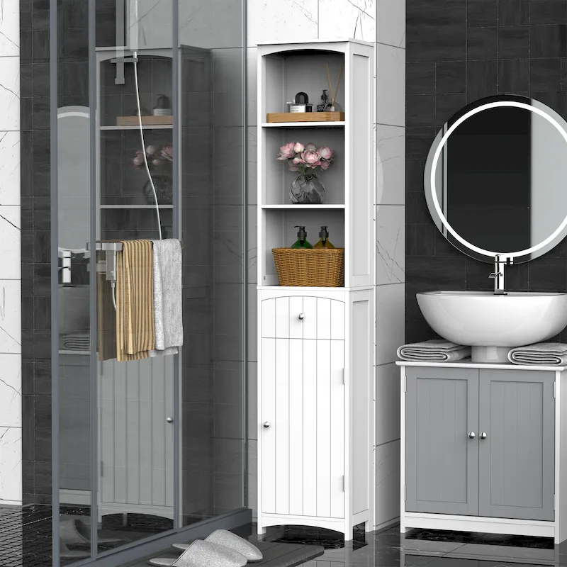 67 Tall Bathroom Storage Cabinet, Freestanding Linen Tower with 3-Tier Shelf, Narrow Side Floor Organizer, White