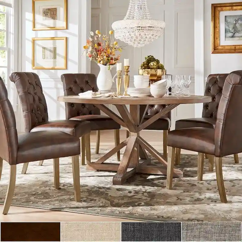 Benchwright Rustic X-base Round Pine Wood Rolled Back 7-piece Dining Set by iNSPIRE Q Artisan