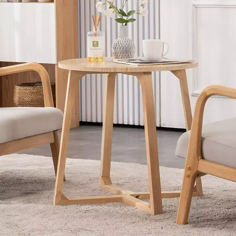24'' Round End Table, Mid Century Modern Solid Wood Sofa Side Table with V-Shaped Legs, Small Coffee Table for Small Space