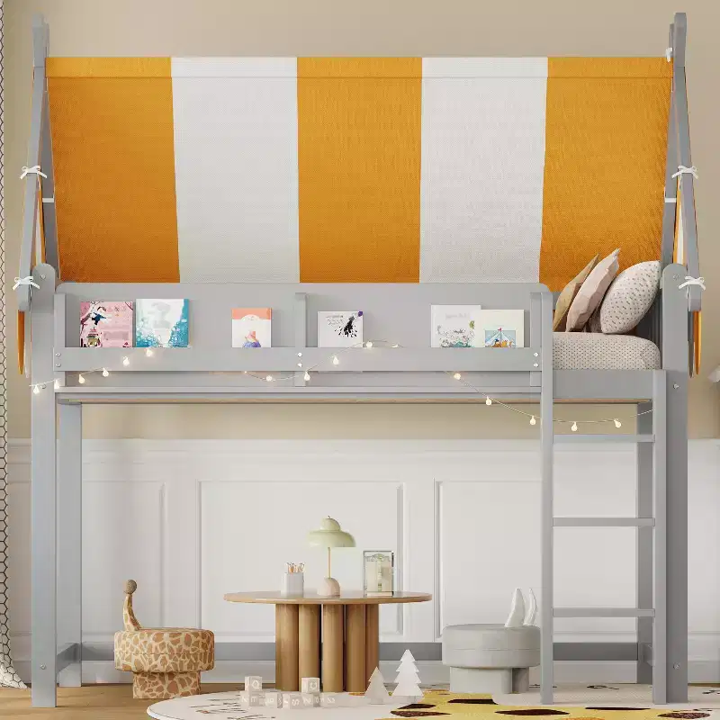GDF Studio Beasley Loft Bed with Canopy, LED Lights & Book Shelf