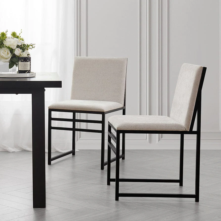 Contemporary Light Natural Chenille Dining Chair with Black Metal Frame for Dining Room
