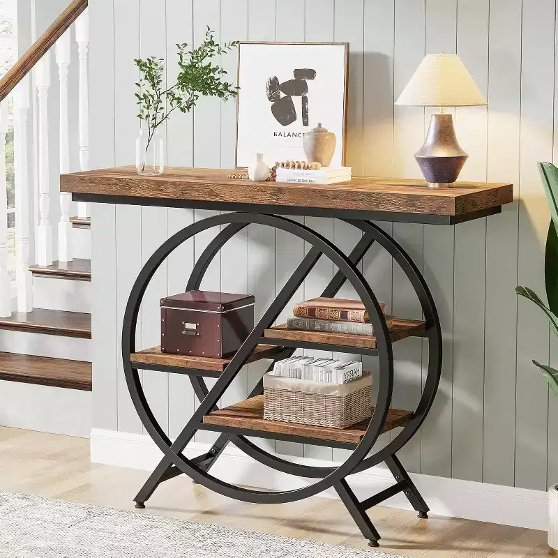 Lantine 4-Tier Console Table, 39.37-Inch Entryway Table with Storage Shelves, Sofa Table with Geometric Metal Frame