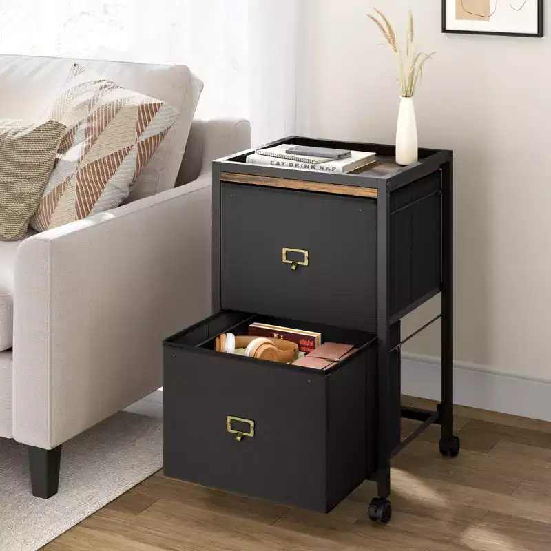 Mobile Filing Cabinet Fits Letter Size or A4, Fabric Vertical File Cabinet on Wheels, Home Office, Small Under Desk Storage Cabinet, Black