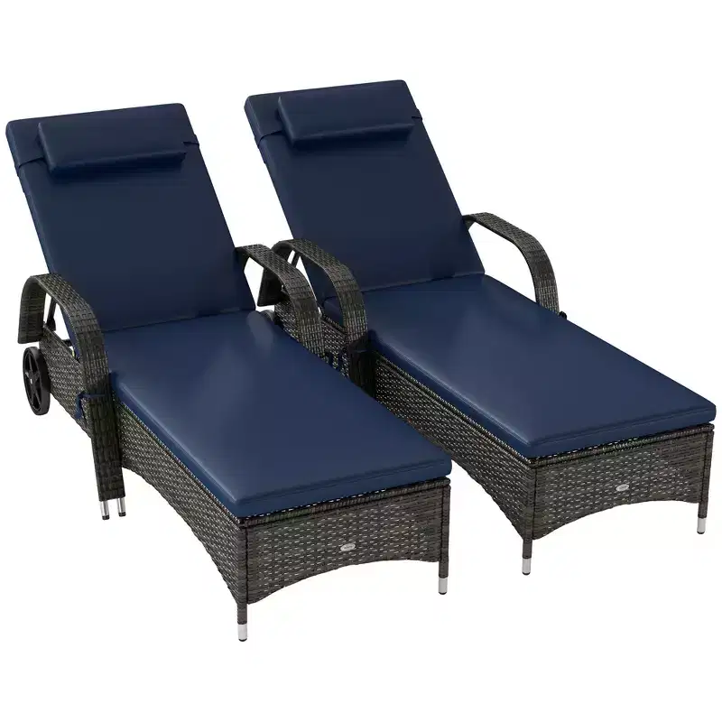 2 Reclining Chaise Lounge Chairs, Rolling Outdoor Chairs with Cushion, Pillow, Headrest, Armrests, and Wheels