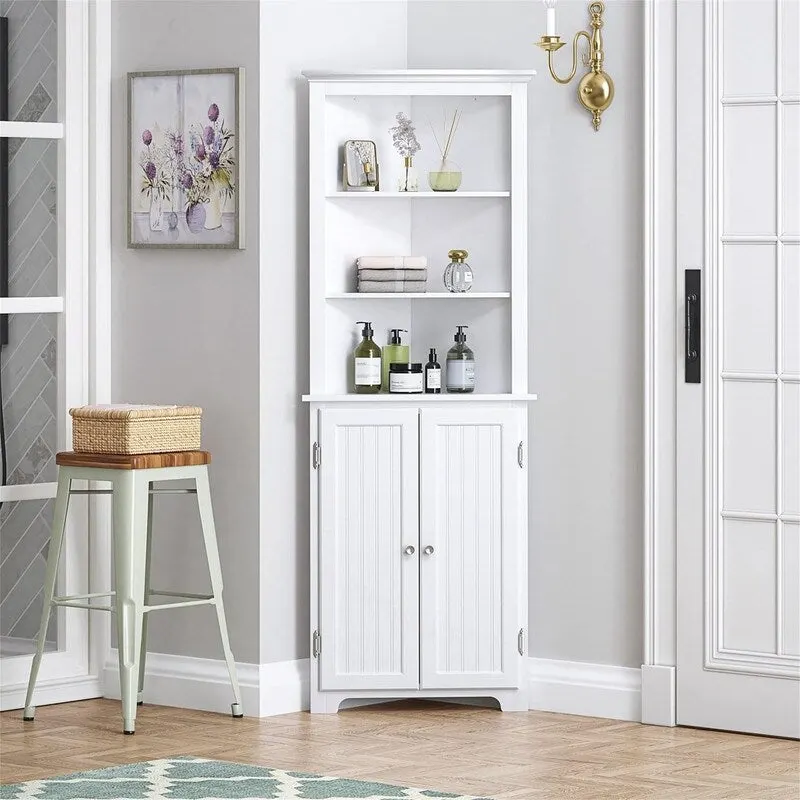 Corner Storage Cabinet with Double Doors & Adjustable Shelves – White, Wood Finish, Beaded Panel, Vintage Style
