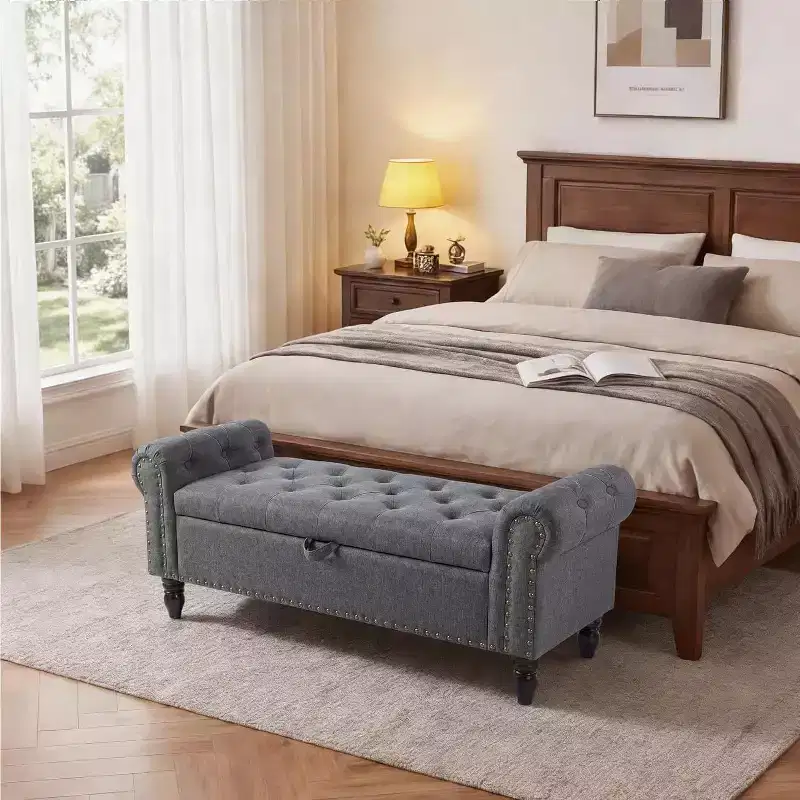 51in Bedroom Storage Bench for End of Bed, Upholstered Ottoman Bench with Button Tufted Design and Rolled Arms, Entryway Bench with Safety Hinge