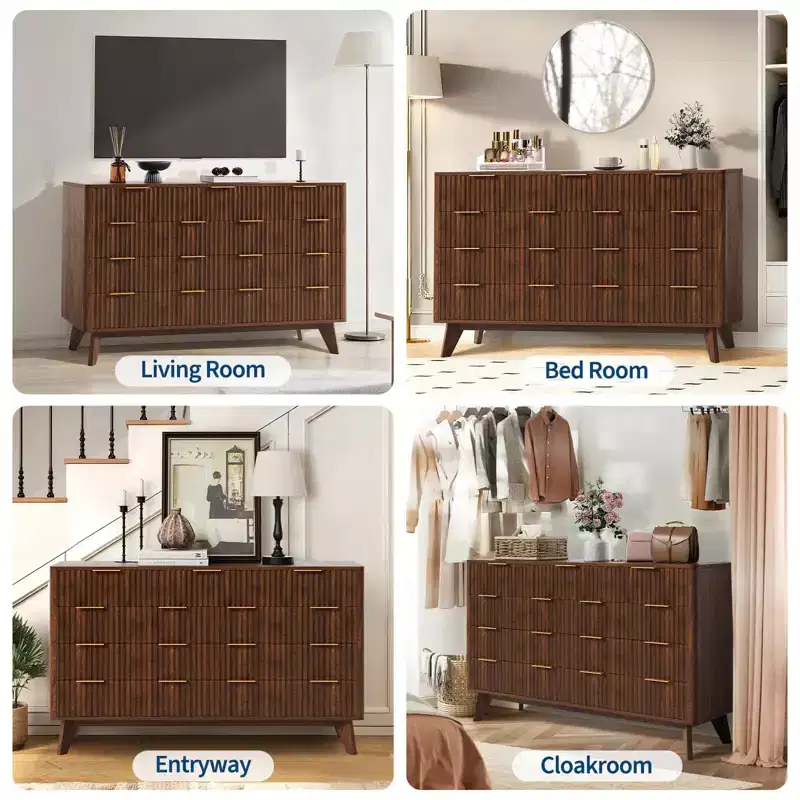 54 Wide 9 Drawer Dresser, Modern Wooden Chest with Fluted Wave Design and Metal Handles
