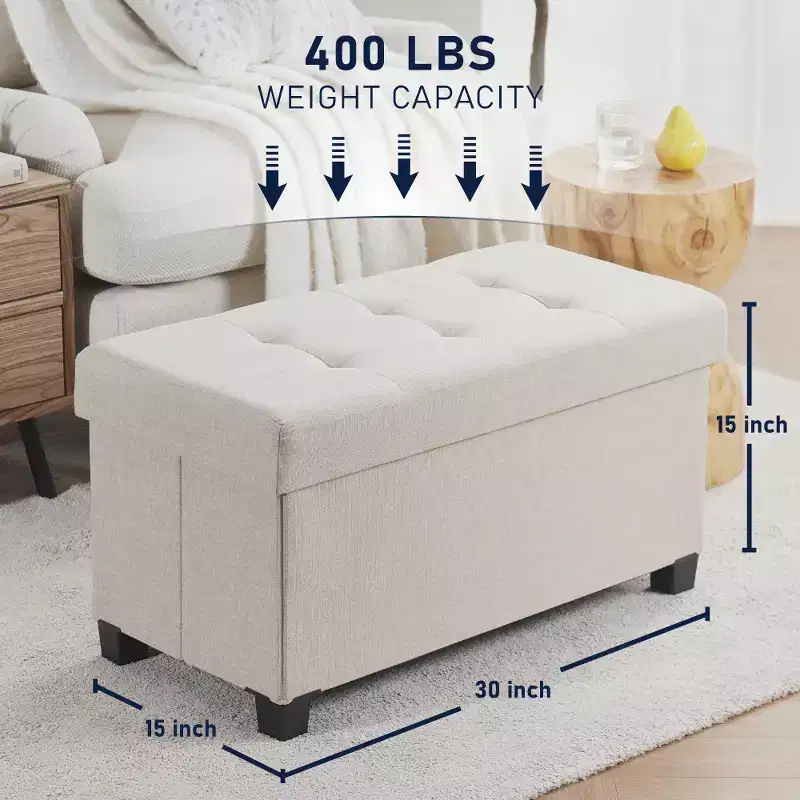 Ornavo Home Foldable Tufted 30 Inch Linen Bench Storage Ottoman with Legs for Bedroom, Entryway and Living Room