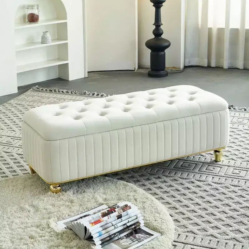Okak Modern Luxury Flip Top Deep Button Ottoman Bench with Gold Decor & Metal Legs,Upholstered Storage Bench for Living Room,Bedroom