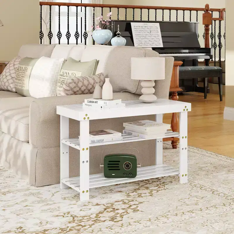 MAYEERTY 3 Tier Shoe Racks Bamboo Shoe Bench Entryway with Cushion and Adjustable Shelves for Hallway Mudroom living Room White
