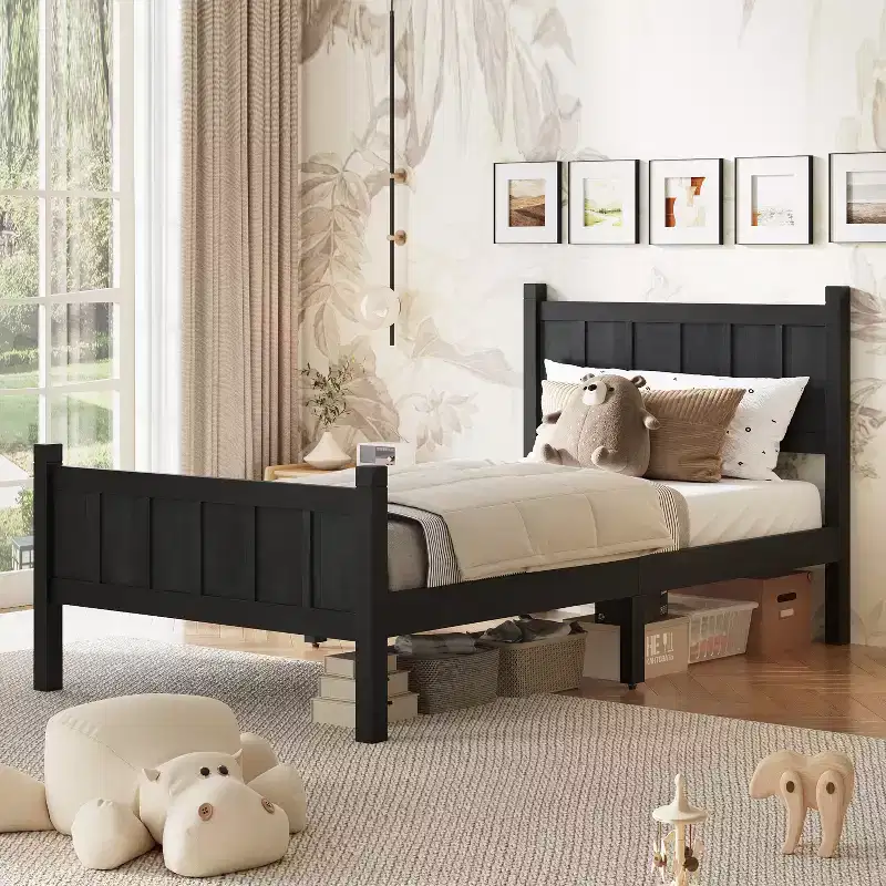 Twin Flat Panel Platform Bed with Headboard and Footboard, Wood Grain Shaker Farmhouse Bed Frame, Black