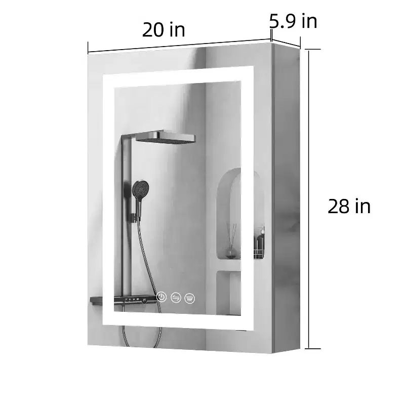 HBEZON Medicine Cabinet with Mirrors and Lights, Wall Mount Lighted Bathroom Cabinet, Defogger, Dimmable, Aluminum, Silver