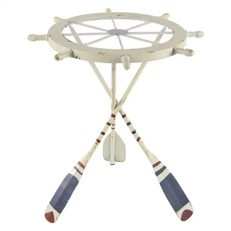 White Round Accent Table – Coastal Nautical Style, Glass Top, Iron Frame
