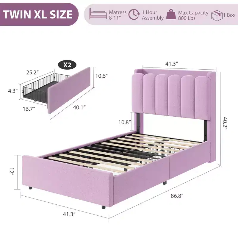 Twin Size Bed Frame with 2 Drawers, Storage Bed with Wavy Headboard, Upholstered Platform Bed for Girls, No Box Spring Needed, Deep pink