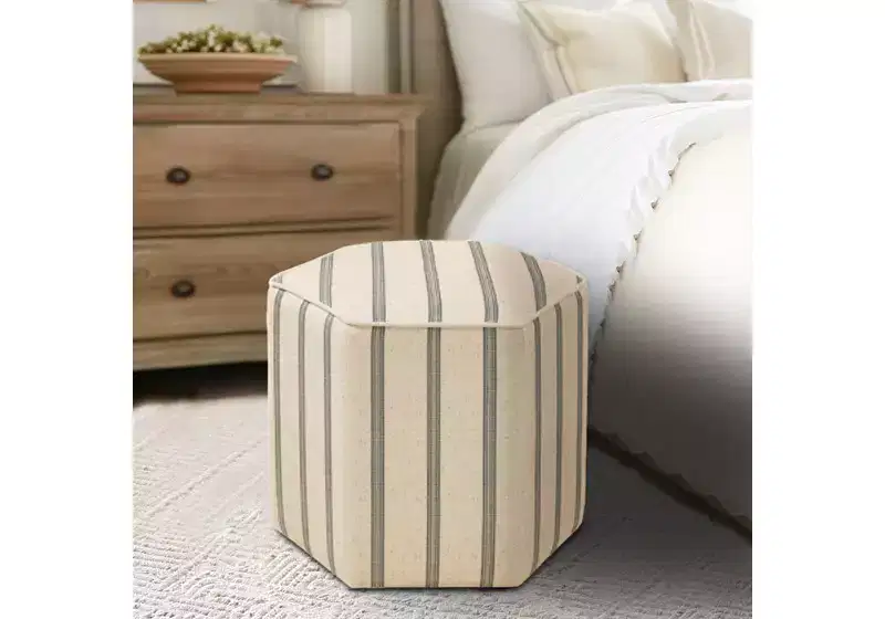 Farmhouse Hexagonal Upholstered Ottoman with Printed Stripe Pattern