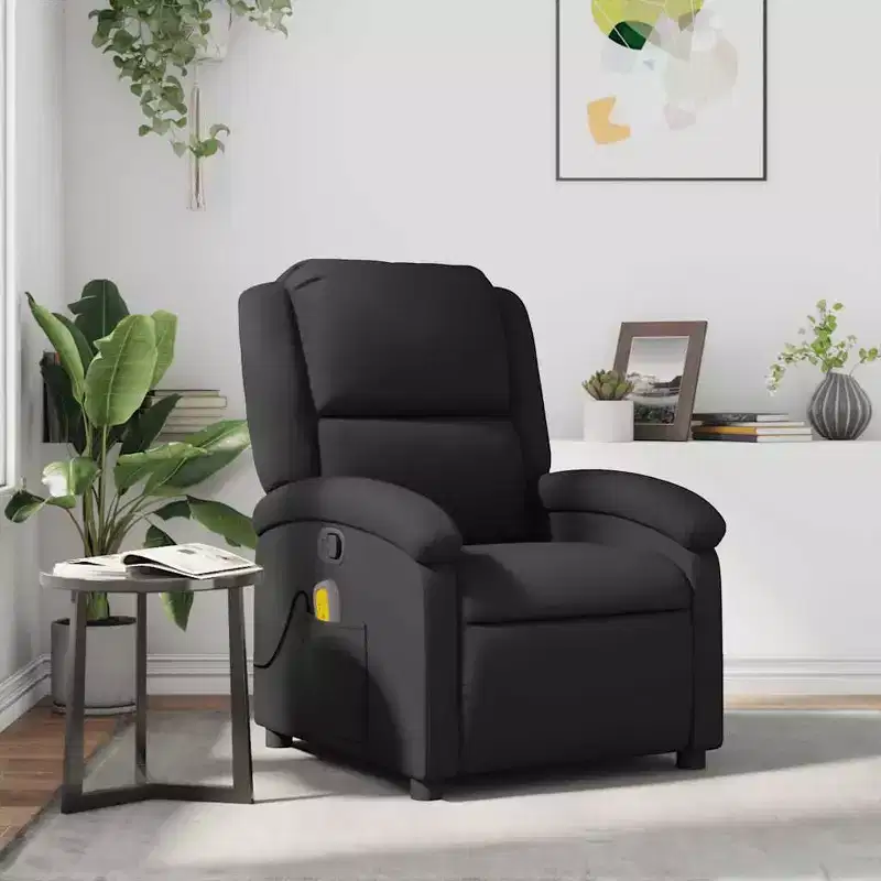 Massage Recliner Chair with 6-Point Vibration, Adjustable, Black Real Leather - Black