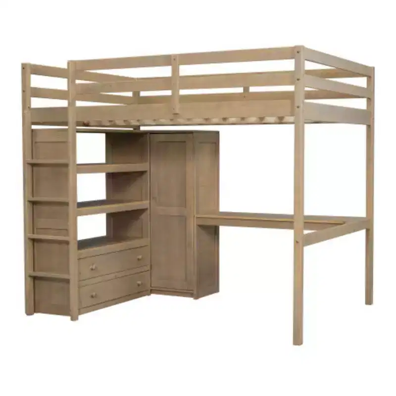 Wood Full Size Loft Bed with Built-in Wardrobe, Desk, Storage Shelves and Drawers, Walnut
