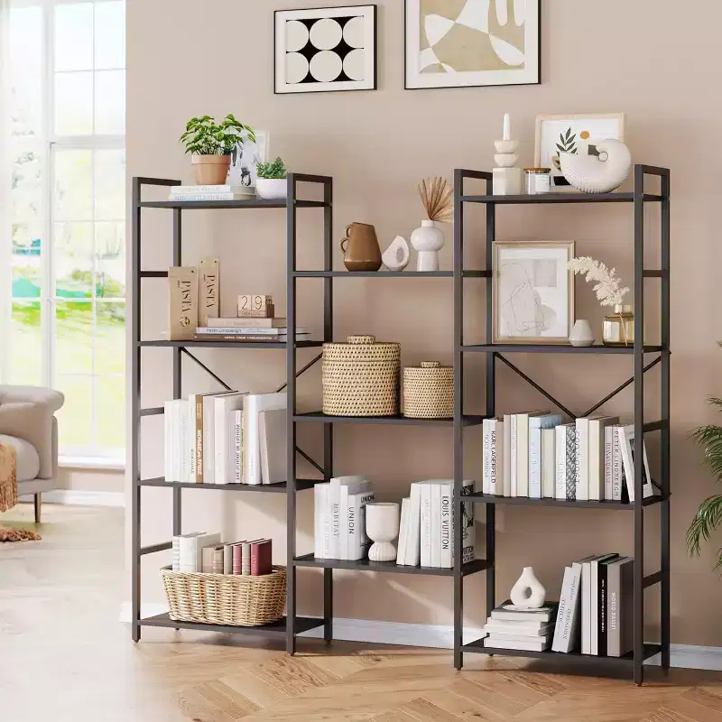 Industrial Triple-Column Bookcase  11 Adjustable Shelves, 100LB/Shelf Capacity, Steel Frame & Particle Board (Black/Brown)