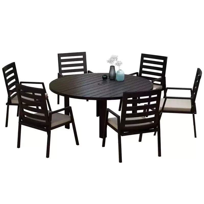 LeisureMod Chelsea 7-Piece Patio Dining Set, 60 Round Aluminum Dining Table and 6 Dining Armchair