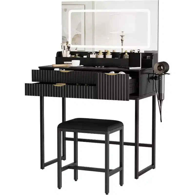 Vanity Desk with Mirror and Lights, Makeup Vanity with Storage Drawers & Stool, Small Vanity Set for Bedroom, Dressing Table with LED Lighted Mirror