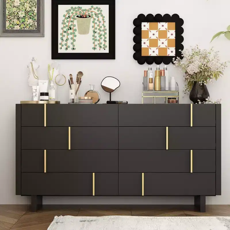 8-Drawer Horizontal Dresser, Black Finish with Gold Knobs