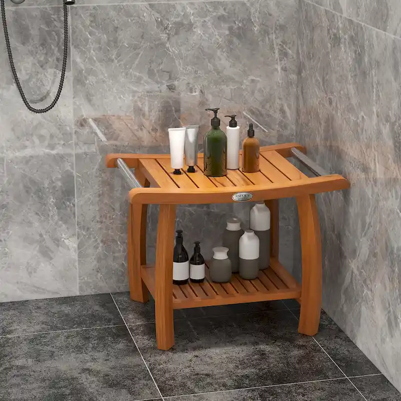 Gymax Teak Wood Shower Bench 2-Tier Wooden Shower Stool w/ Curved Seat