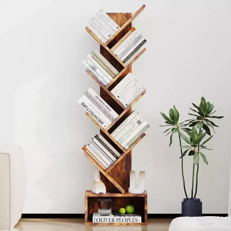 8-Tier Tree-Shaped Bookshelf Rustic-Style Open Shelving Unit Ideal for Living Rooms, Bedrooms, and Offices