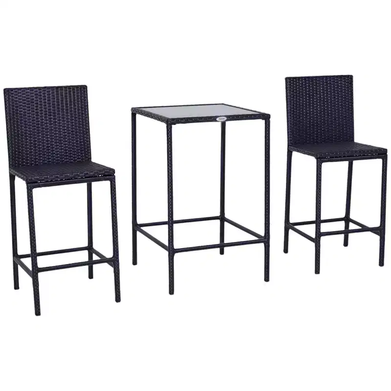 Outsunny 3 PCS Rattan Bar Set with Glass Top Table, 2 Bar Stools for Outdoor, Patio, Garden, Poolside, Backyard