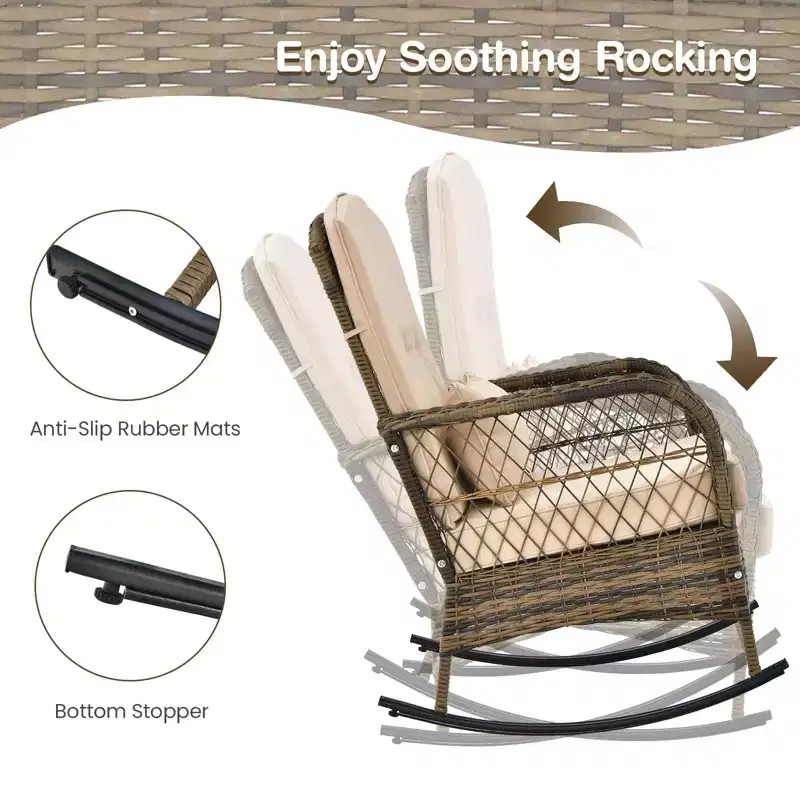 2 Piece Outdoor Wicker Rocking Chair with Thick Cushions & Lumbar Pillow, Removable Washable Covers, All Weather Patio Furniture Set for Porch