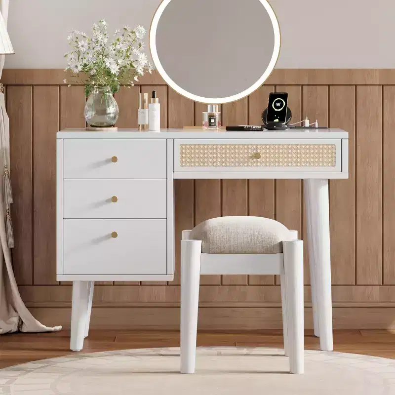 Vintage Wooden Vanity Table with 2 Power Outlets & 2 USB Ports, Bedroom Makeup Desk with Rattan Drawer, 3 Storage Drawers, and Padded Stool