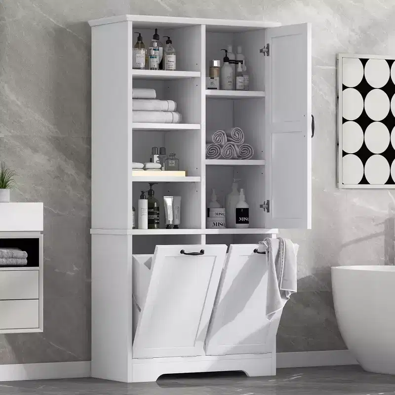 Bathroom Storage Cabinet with Doors and Drawers Tilt-Out Laundry Hamper Multiple Storage Space Freestanding Style