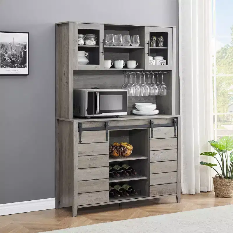 70'' Tall Farmhouse Coffee Bar Cabinet, Kitchen Hutch Storage with Sliding Barn Door, Tall Sideboard Buffet with Wine Rack, Home Bar, Gray