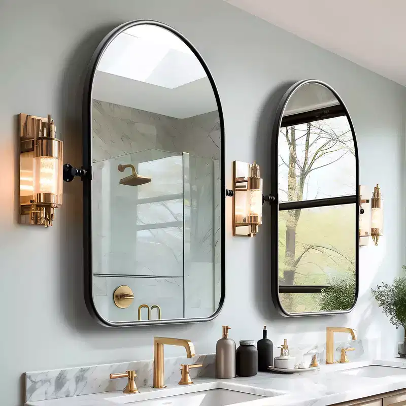 Iron Art Round Corner Arch-shaped Black Rotatable Hardware Hanging Mirror 36*24