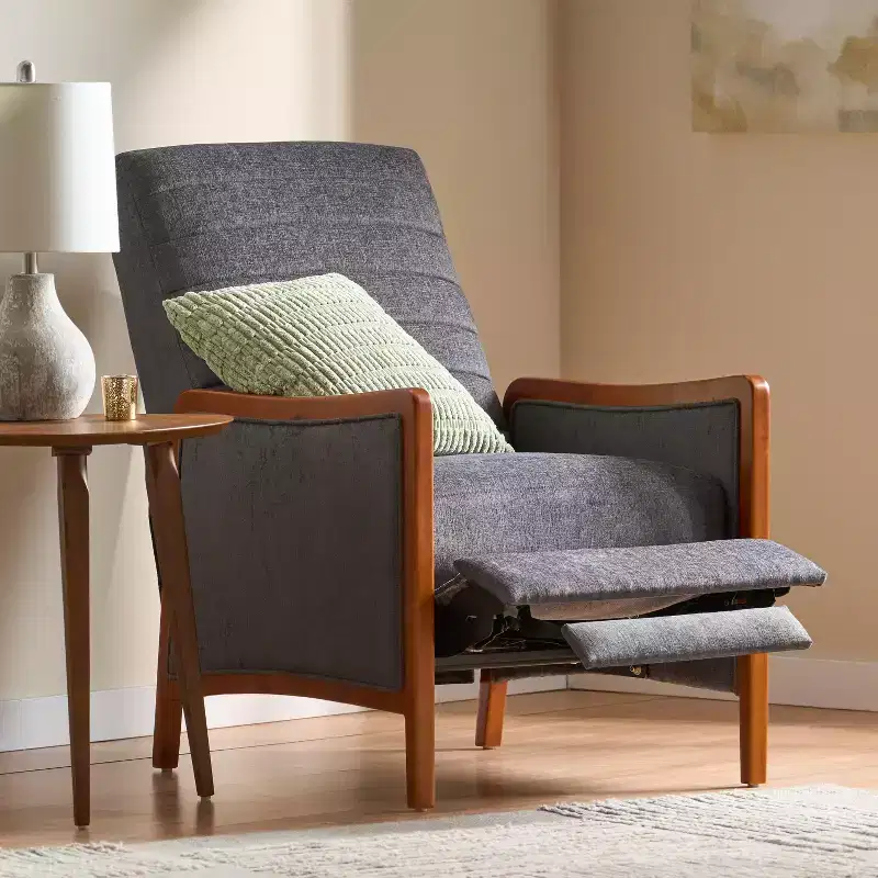 GDFStudio Mendota Mid Century Modern Fabric Channel Stitch Wood Pushback Recliner