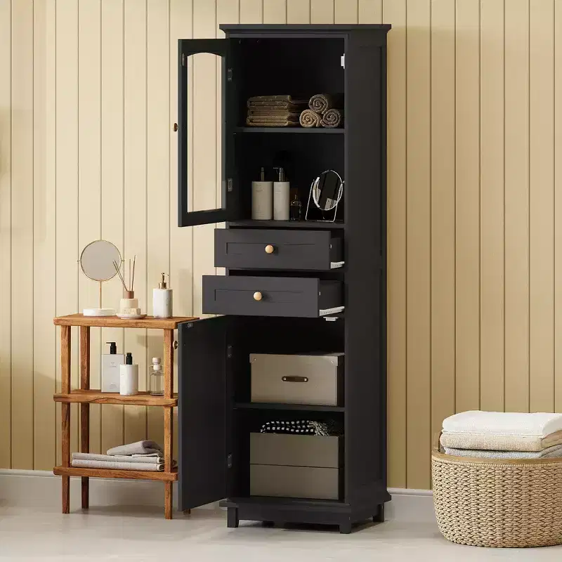 Whisen 63 in. Tall Bathroom Storage Cabinet with Glass Doors, Two Drawers and Adjustable Shelves