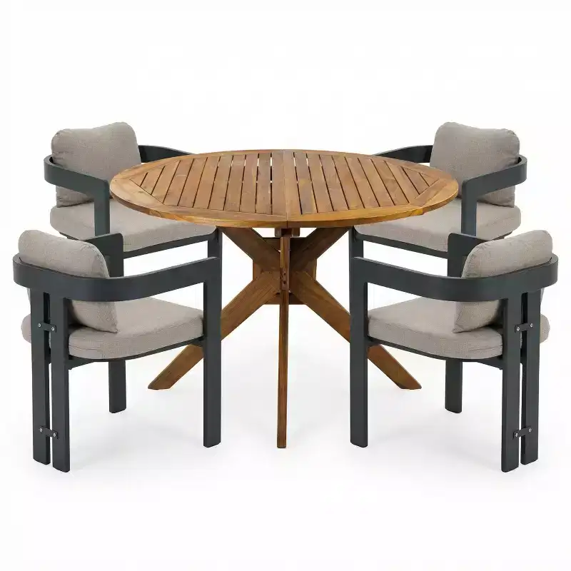 Christopher Knight Home Evren 5 Piece Patio Modern Aluminum Dining Chair with Acacia Wood Slatted Dining Table