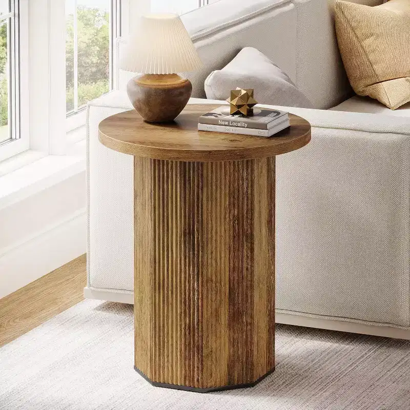Round Farmhouse Pedestal End Table, Fluted Wooden Nightstand & Drink Stand for Living Room or Bedroom