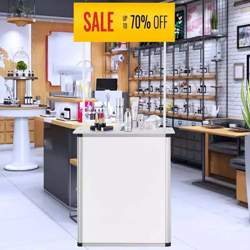 VEVOR Promotion Counter Table,Portable Tradeshow Podium Table, 30.91 x 14.96 x 71.46,Display Exhibition Counter Stand Booth Fair with Wall, White