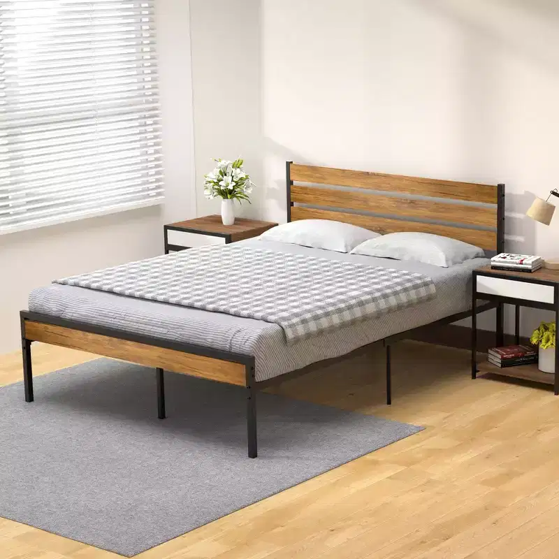 Bed Frame with Headboard - Industrial Metal Frame with Under Bed Storage, Noise-Free