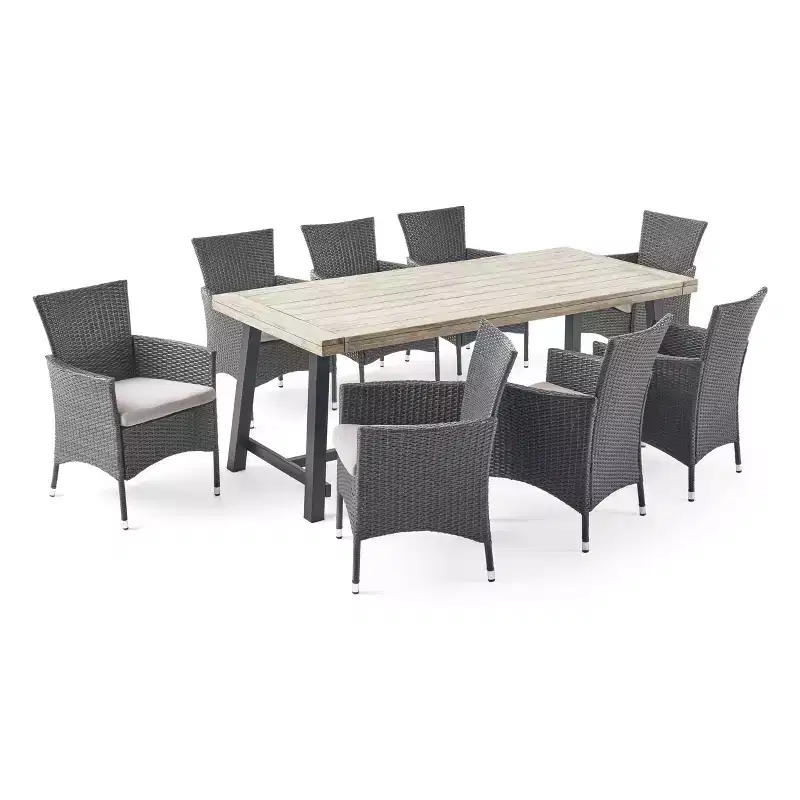 Christopher Knight Home Flamingo Outdoor Acacia Wood and Wicker 9 Piece Dining Set with Cushion