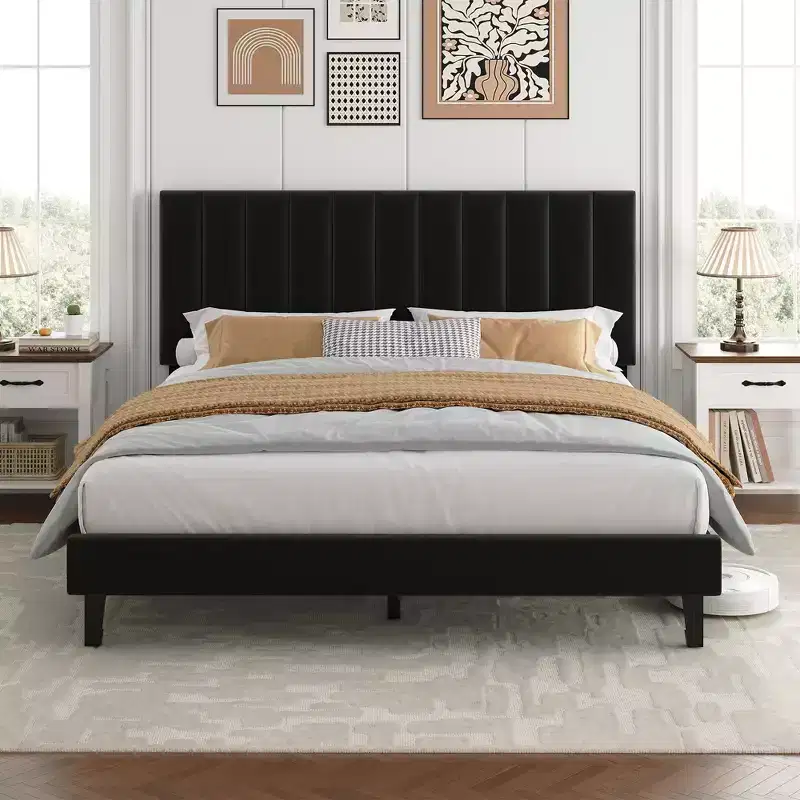 Queen Size Bed Frame with Adjustable Vertical Channel Tufted Headboard, No Box Spring Needed, Easy Assembly