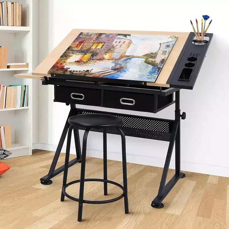Adjustable Height Drafting Table, 0-75 Tilting Oak Tabletop, 2 Storage Drawers, Stool, Artist Desk for Drawing, Painting, Crafting, Writing